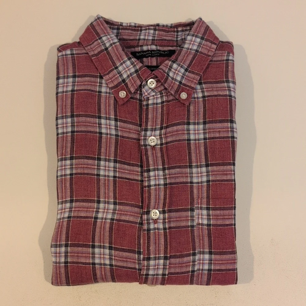 Banana Republic Men's Medium Linen Camden Standard Fit Short Sleeve Plaid Shirt